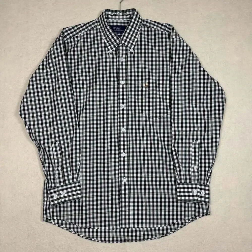 Vintage Polo Ralph Lauren Shirt Mens M Button Down Black Gingham Plaid Cotton
